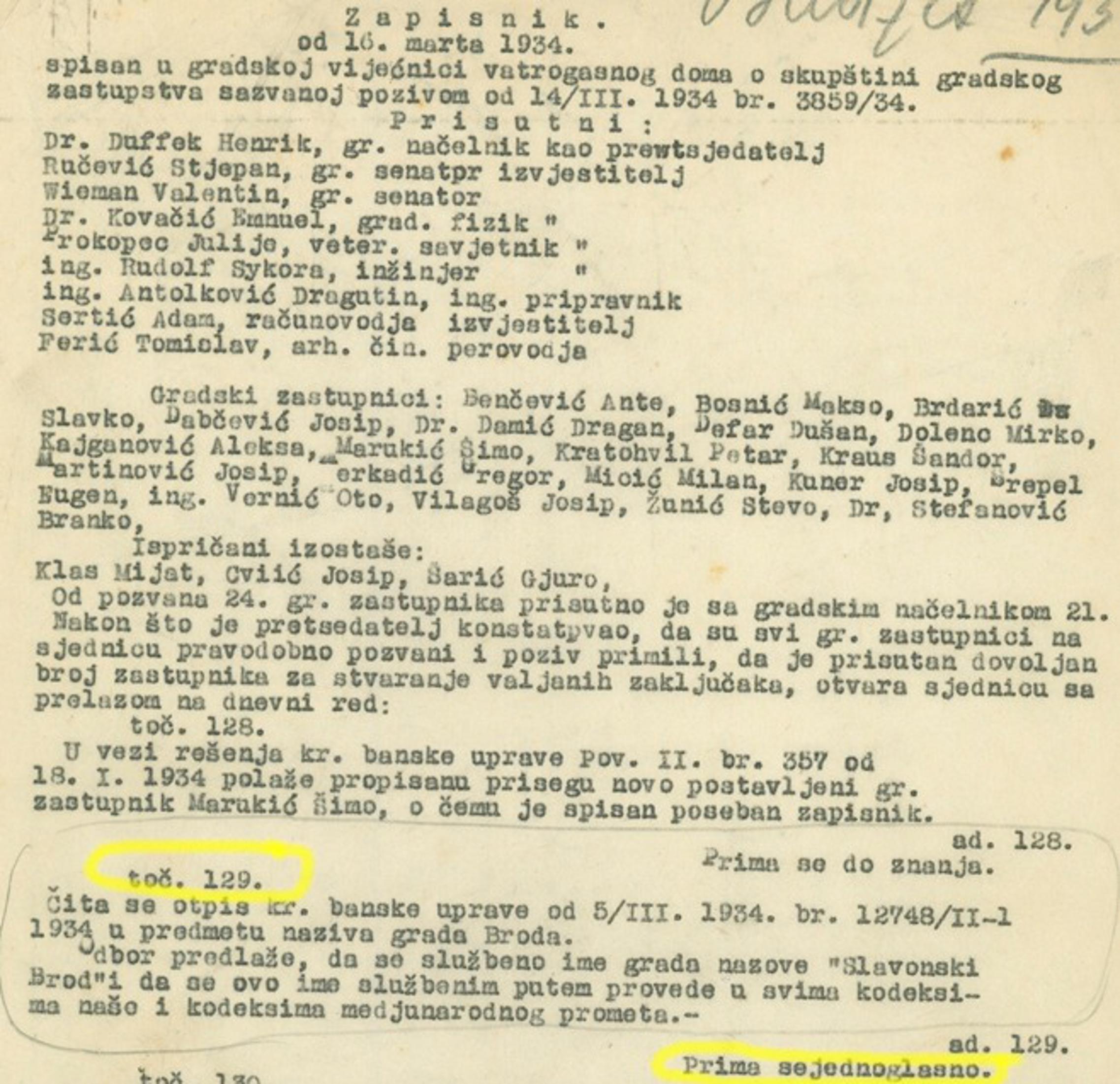 Zapisnik gradskog zastupstva, 16.3.1934. 