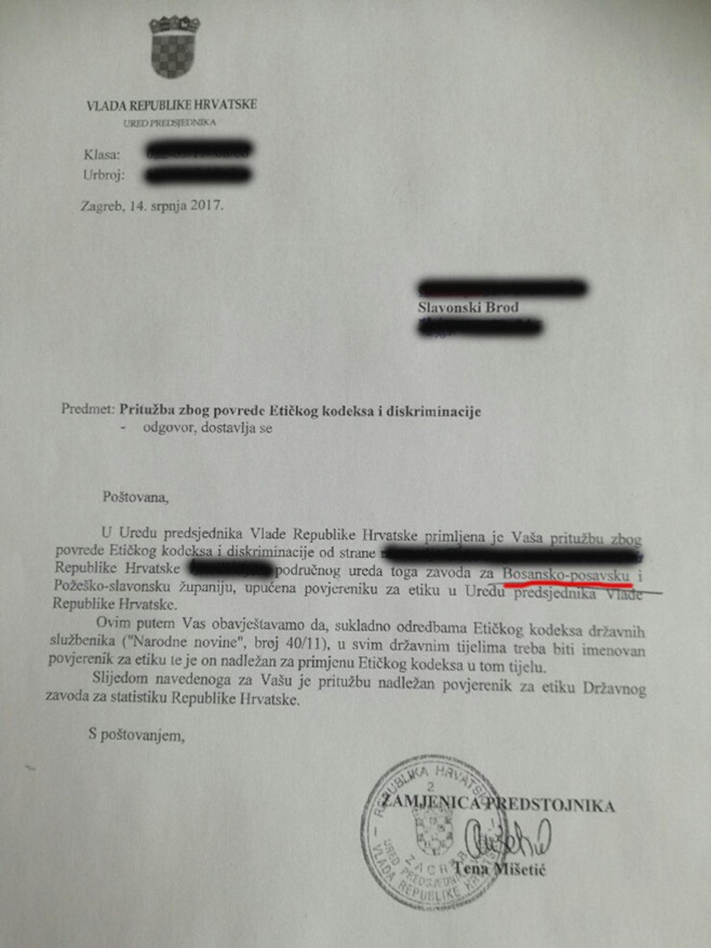 Dopis iz Ureda predsjednika Vlade Republike Hrvatske