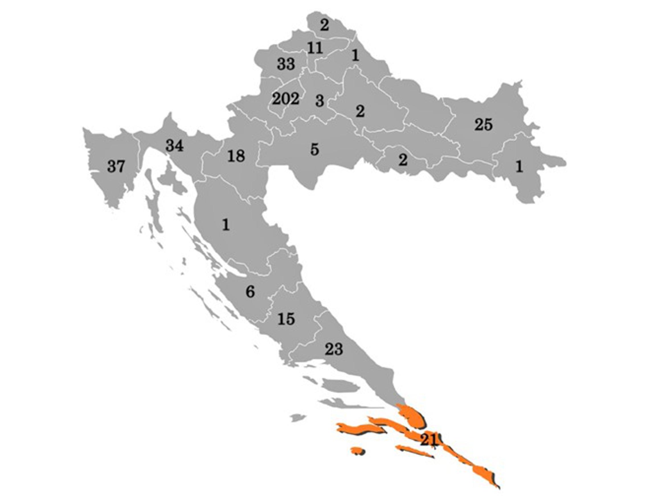 Broj zaraženih prema hrvatskim županijama