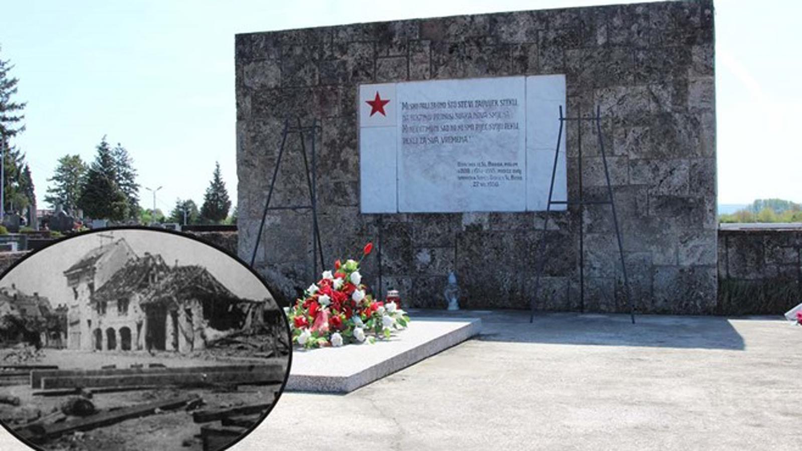 Spomen-kosturnica, Gradsko groblje Sl. Brod. U krugu: Radićeva obala u Slavonskom Brodu 1945. 