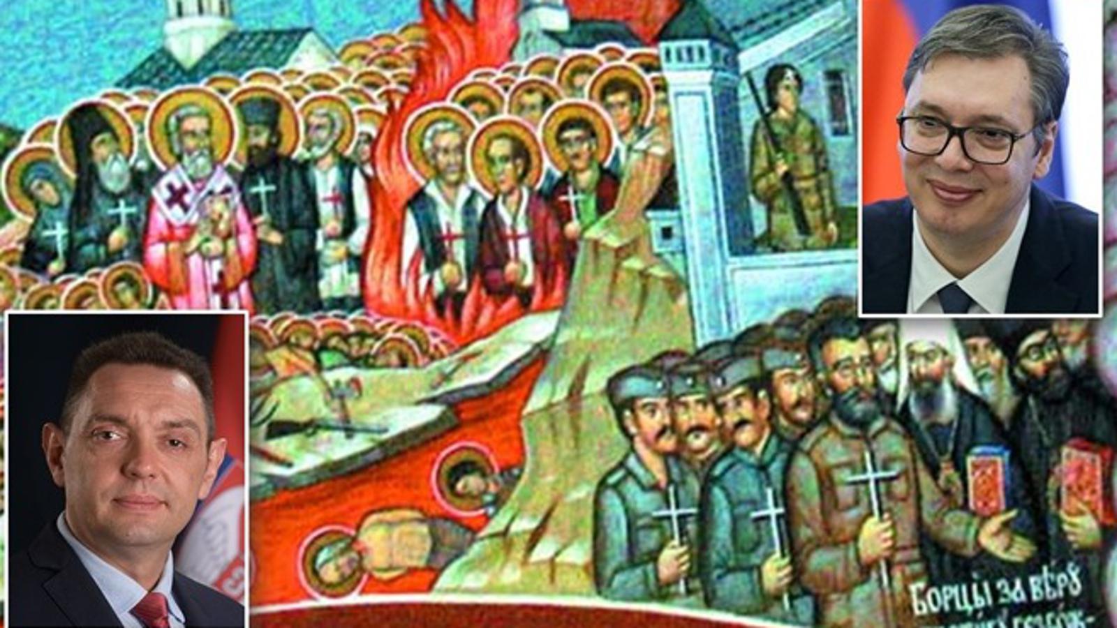 Aleksandar Vulin i Aleksandar Vučić; u pozadni je freska "Nebeska Srbija" iz jedne beogradske crkve 