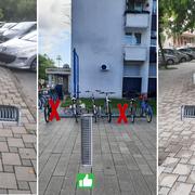 Ispravne i neispravne pozicije stalaka za bicikle na tri lokacije u Slav. Brodu