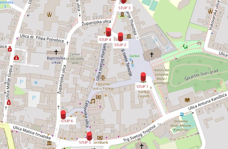 Karta novih lokacija za postavljanje stupića u Pješačkoj zoni u Požegi | Author: Grad PŽ