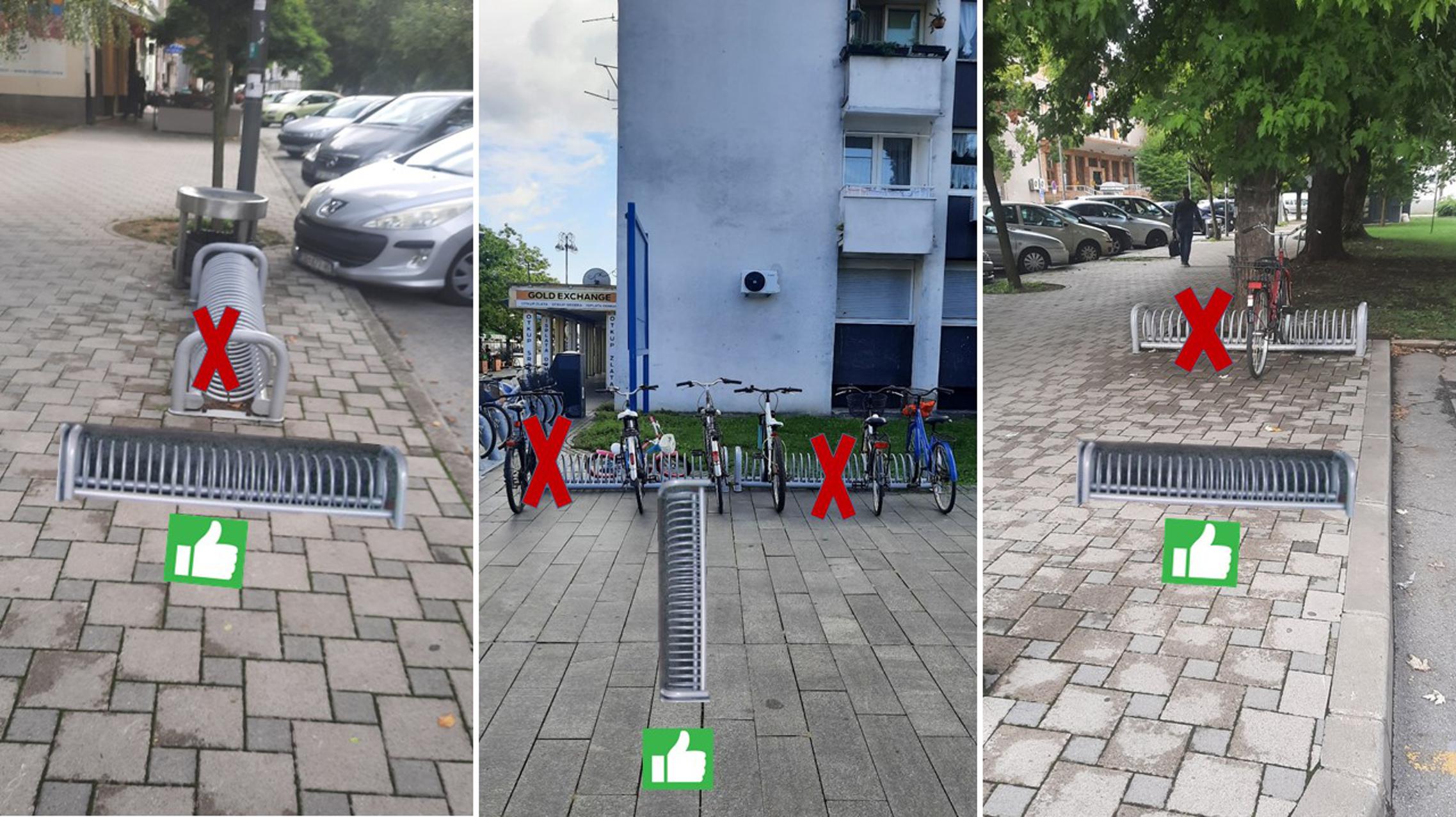 Ispravne i neispravne pozicije stalaka za bicikle na tri lokacije u Slav. Brodu