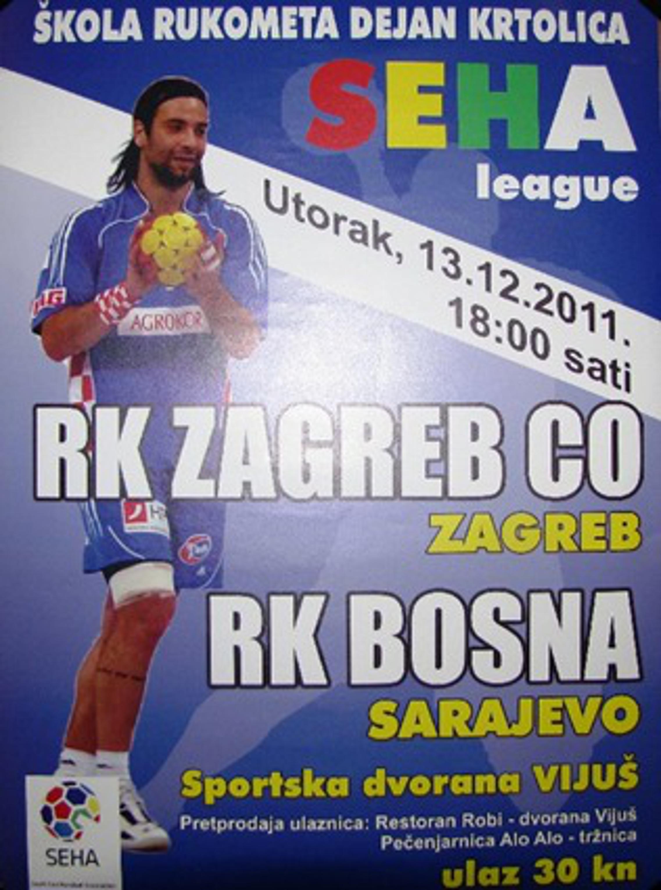 Plakat za utakmicu Zagreb CO - Bosna Sarajevo