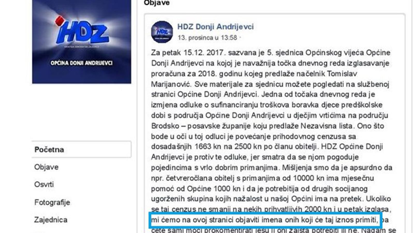 Objava na profilu HDZ-a Doni Andrijevci od 13.12.2017.